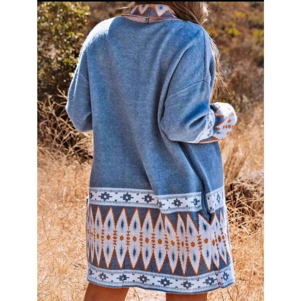 New Geo Pattern Drop Shoulder Open Front Cardigan… - image 3